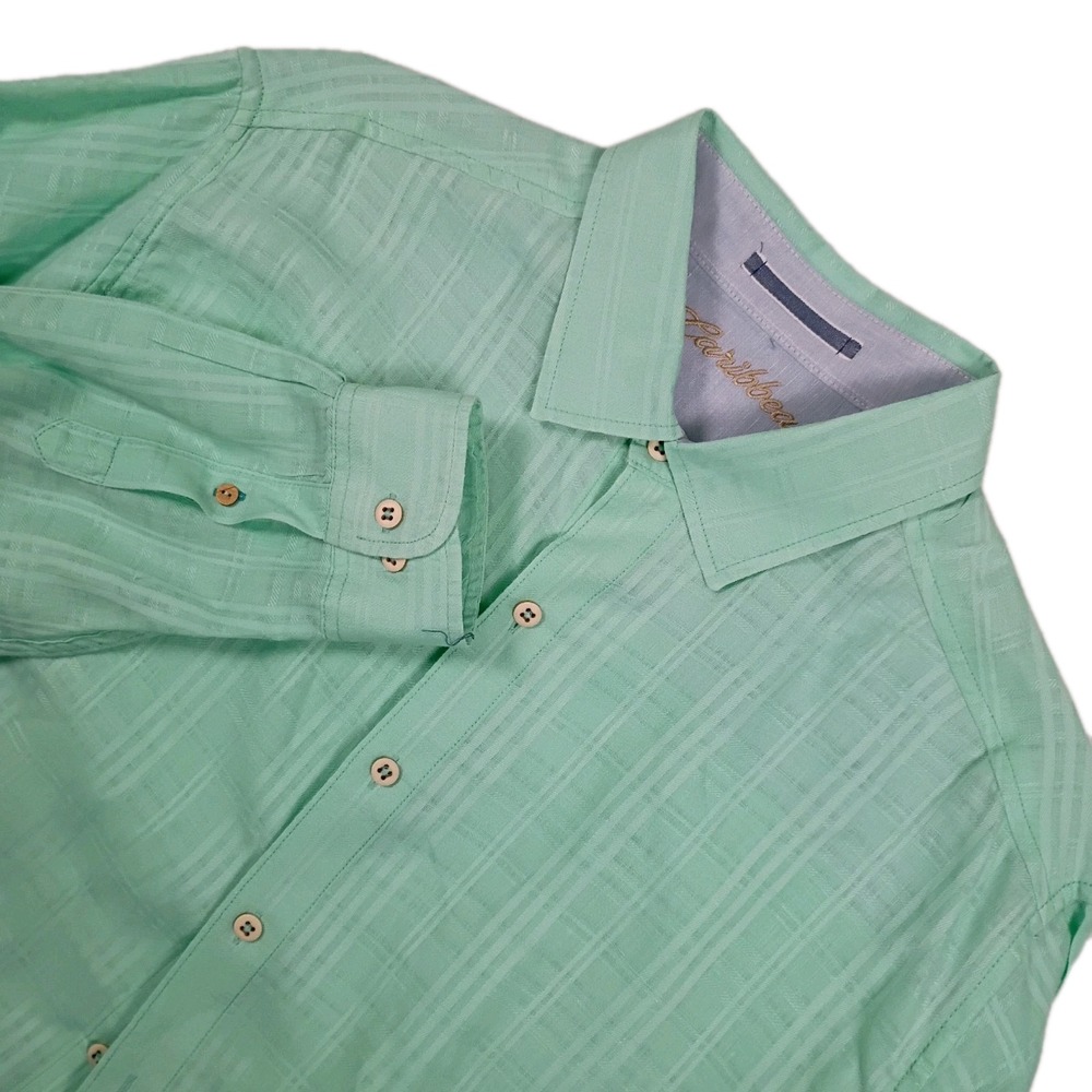 Caribean Men's 2XT Long Sleeve Shirt Green Hawaiian Linen Cotton Blend Beach